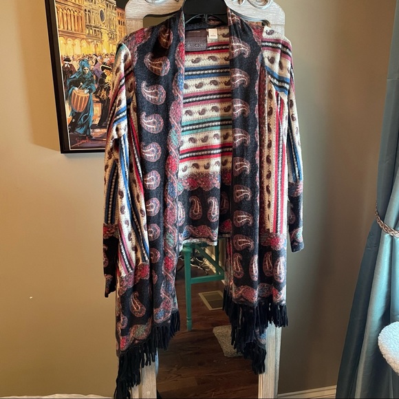 Wool Open Front Wrap with Fringe Trim - Picture 2 of 7